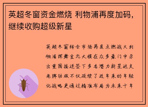 英超冬窗资金燃烧 利物浦再度加码，继续收购超级新星